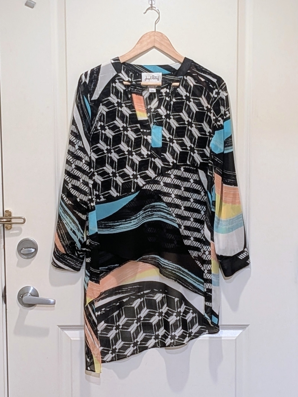 EUC Joseph Ribkoff 8 Sheer Cutout Collar Mixed Print Asymmetrical Hem Blouse